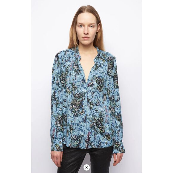 Zadig & Voltaire Tink Bohemian Patch Blouse Women's S Blue Butterfly Bee Floral - Picture 1 of 11